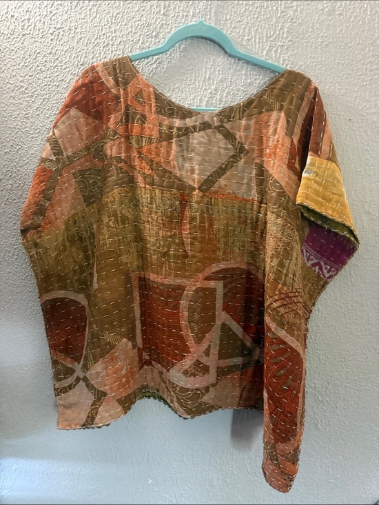 Upcycled Tops - Upcycled Kantha Handcrafted Boho Patchwork Tunic Top in Earth Tones
